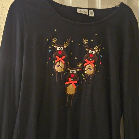 Long sleeve black christmas holiday novelty top three cute reindeer red bows L - Picture 6 of 8